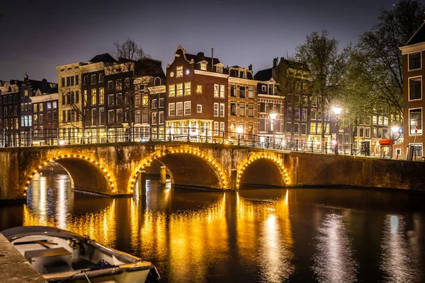 Nachtzicht Leidsegracht Brug Amsterdam Nederland — Stockfoto