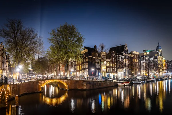 Hollanda Amsterdam Daki Leidsegracht Köprüsünün Gece Manzarası — Stok fotoğraf