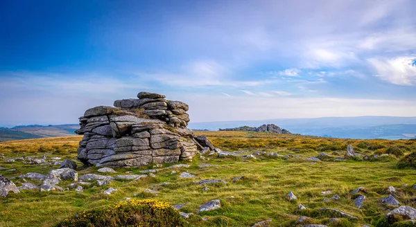 Widok Zachodu Słońca Park Narodowy Dartmoor Rozległy Wrzosowisko Hrabstwie Devon — Zdjęcie stockowe