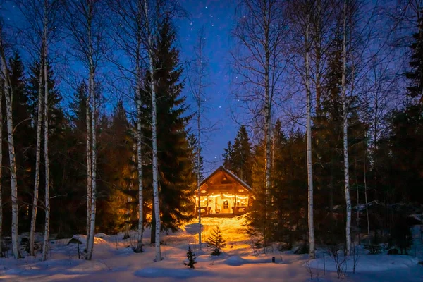 Maison Lac Dans Nuit Hiver — Photo