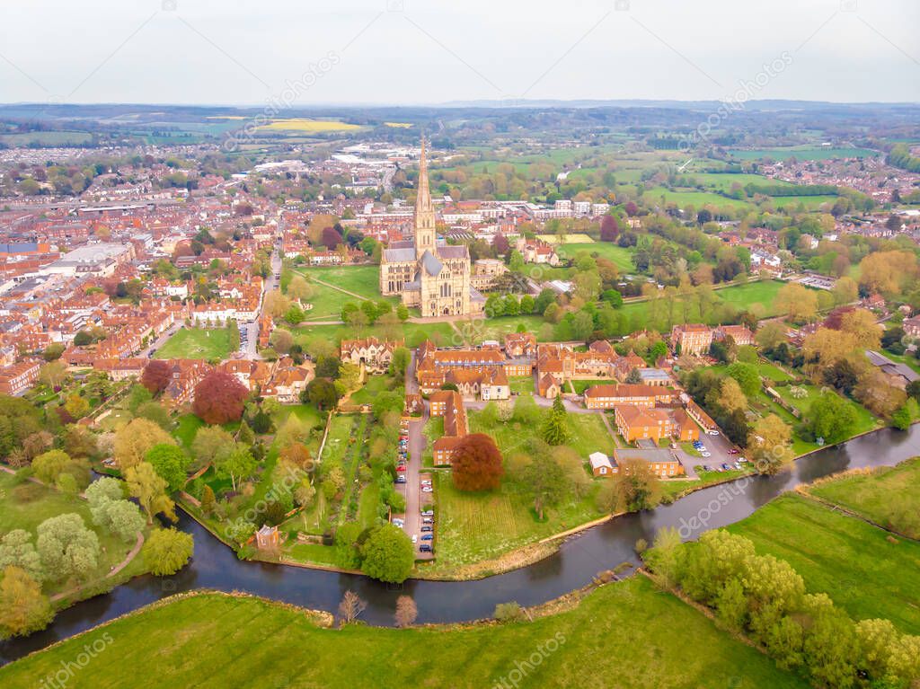 Aerial view of Salisbury cathedral in spring
