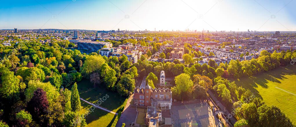 Aerial view of Holland park in the morning, London, UK