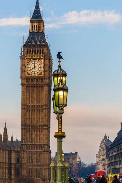 Kuzgun Kış Sabahının Erken Saatlerinde Londra Parlamento Binası Nda Lamba — Stok fotoğraf