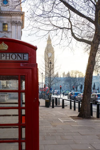 Traditional London Red Phone Box Big Ben Early Winter Morning — Stock Photo, Image