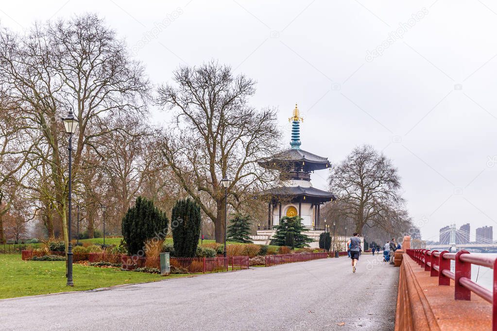 Pagoda in Battersea park in winter, London