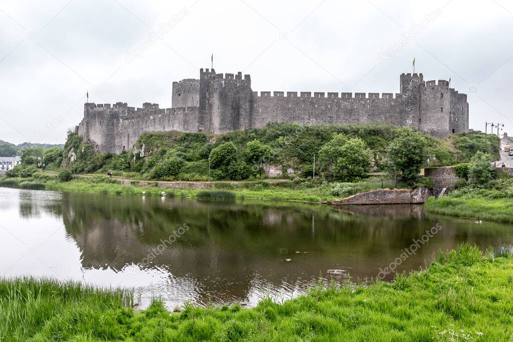 View of Pembroke castle in gloomy day, Wales