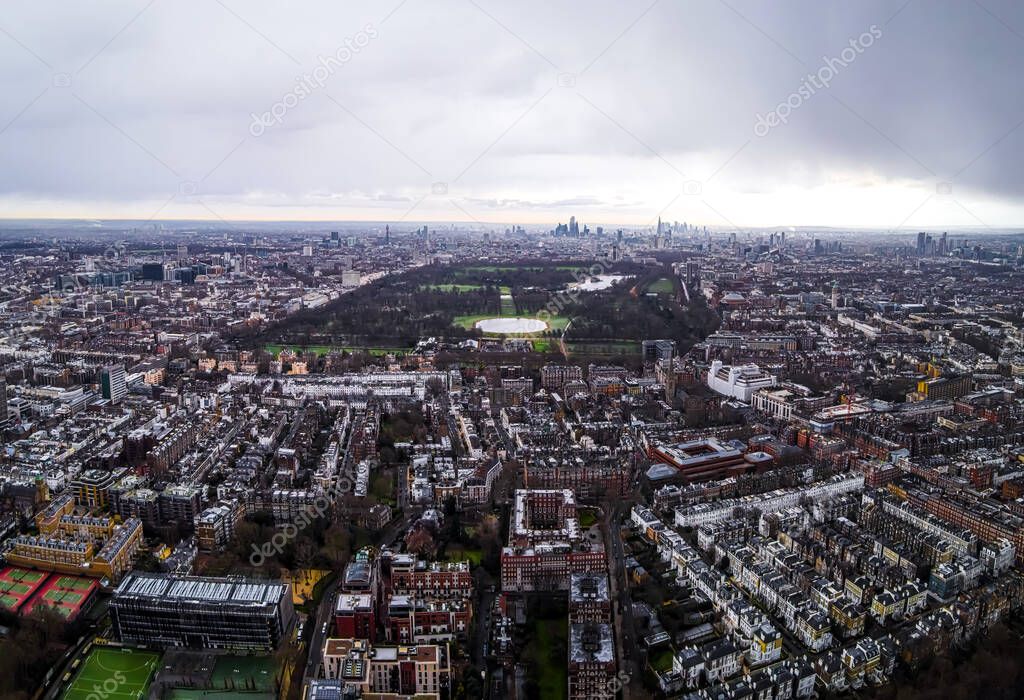 Aerial view of Holland park and Kensington area in London in England, UK