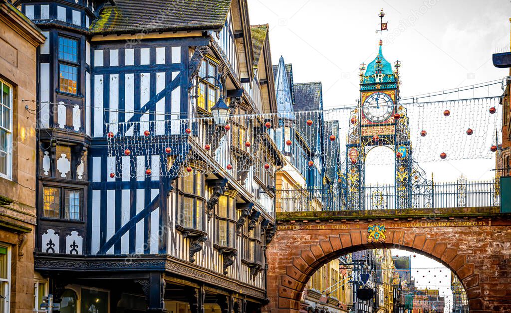 Eastgate clock of Chester, a city in northwest England,  known for its extensive Roman walls made of local red sandstone, UK