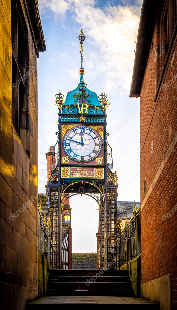 Eastgate clock of Chester, a city in northwest England,  known for its extensive Roman walls made of local red sandstone, UK