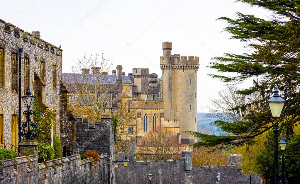 The view of Arundel castle, a restored and remodelled medieval castle in Arundel, West Sussex, England, UK