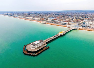 An aerial view of Worthing Pier, a public pleasure pier in Worthing, West Sussex, England, UK