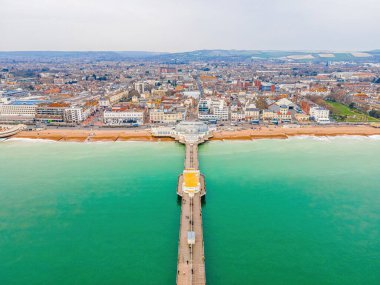 An aerial view of Worthing Pier, a public pleasure pier in Worthing, West Sussex, England, UK
