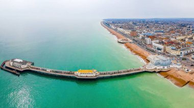 An aerial view of Worthing Pier, a public pleasure pier in Worthing, West Sussex, England, UK