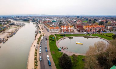 Aerial view of Littlehampton, a seaside resort and pleasure harbour in the Arun District of West Sussex, UK
