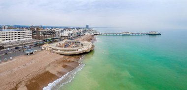 An aerial view of Worthing Pier, a public pleasure pier in Worthing, West Sussex, England, UK