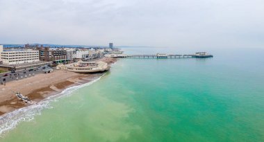 An aerial view of Worthing Pier, a public pleasure pier in Worthing, West Sussex, England, UK