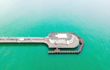 An aerial view of Worthing Pier, a public pleasure pier in Worthing, West Sussex, England, UK