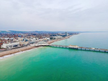 An aerial view of Worthing Pier, a public pleasure pier in Worthing, West Sussex, England, UK