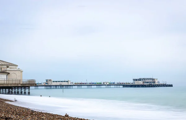 An aerial view of Worthing Pier, a public pleasure pier in Worthing, West Sussex, England, UK