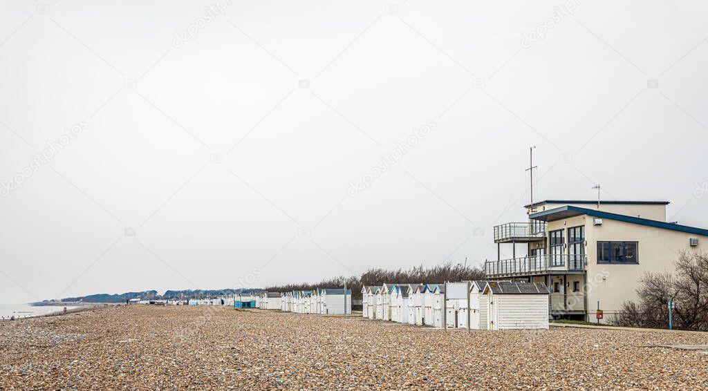 View of a colorful cabin on the seaside in England, UK