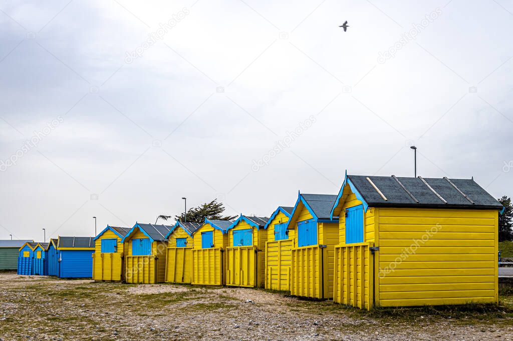 View of a colorful cabin on the seaside in England, UK