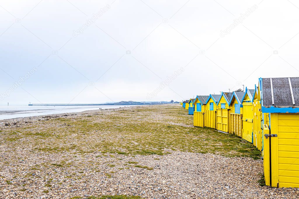 View of a colorful cabin on the seaside in England, UK