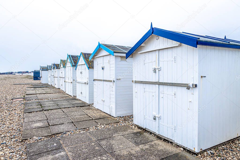 View of a colorful cabin on the seaside in England, UK