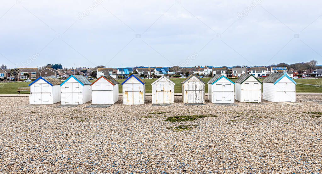 View of a colorful cabin on the seaside in England, UK