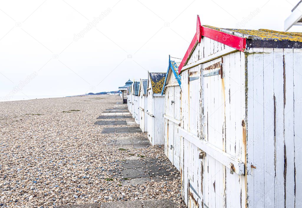 View of a colorful cabin on the seaside in England, UK