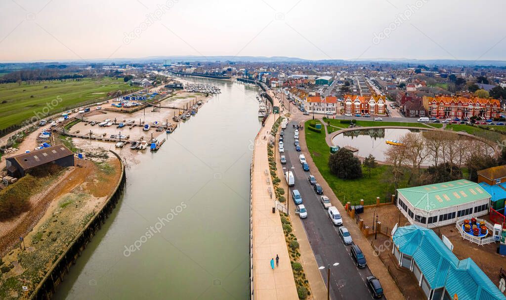 Aerial view of Littlehampton, a seaside resort and pleasure harbour in the Arun District of West Sussex, UK