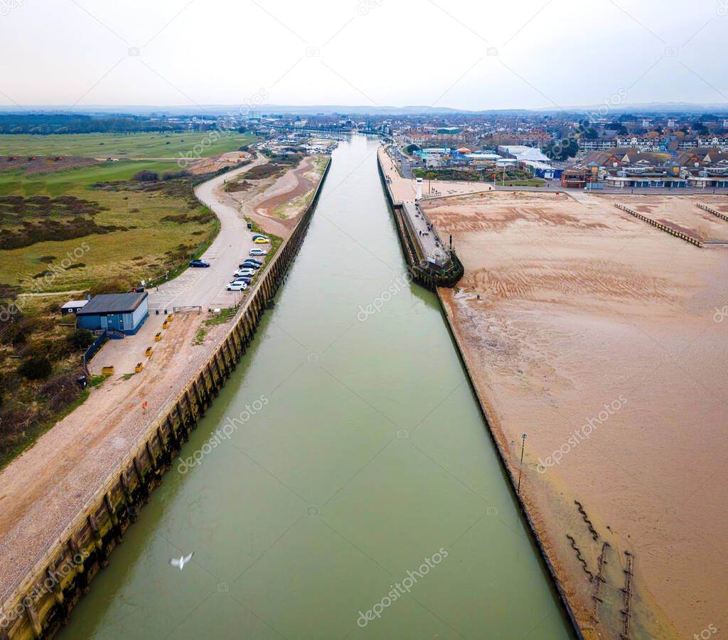 Aerial view of Littlehampton, a seaside resort and pleasure harbour in the Arun District of West Sussex, UK