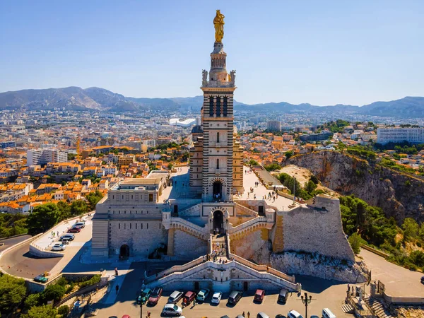 Vista Aérea Basilique Notre Dame Garde Marsella Una Ciudad Portuaria — Foto de Stock