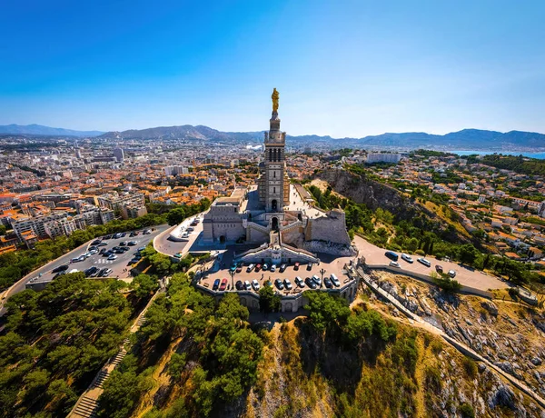 Letecký Pohled Basilique Notre Dame Garde Marseille Přístavní Město Jižní — Stock fotografie