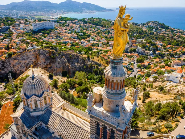 Letecký Pohled Basilique Notre Dame Garde Marseille Přístavní Město Jižní — Stock fotografie