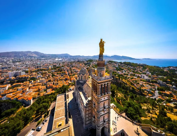 Het Uitzicht Vanuit Lucht Basilique Notre Dame Garde Marseille Een — Stockfoto