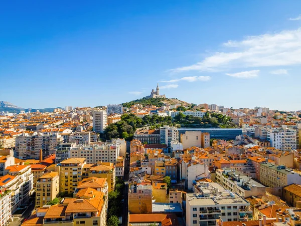 Het Uitzicht Vanuit Lucht Basilique Notre Dame Garde Marseille Een — Stockfoto