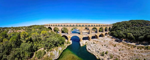 Aerial View Pont Gard Ancient Tri Level Roman Aqueduct Bridge — 스톡 사진