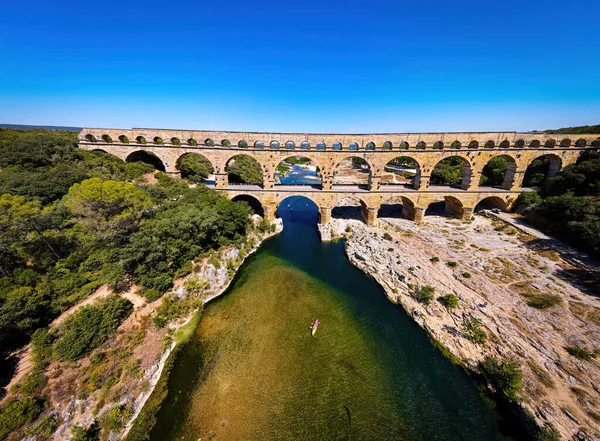 Aerial View Pont Gard Ancient Tri Level Roman Aqueduct Bridge — Stock Photo, Image