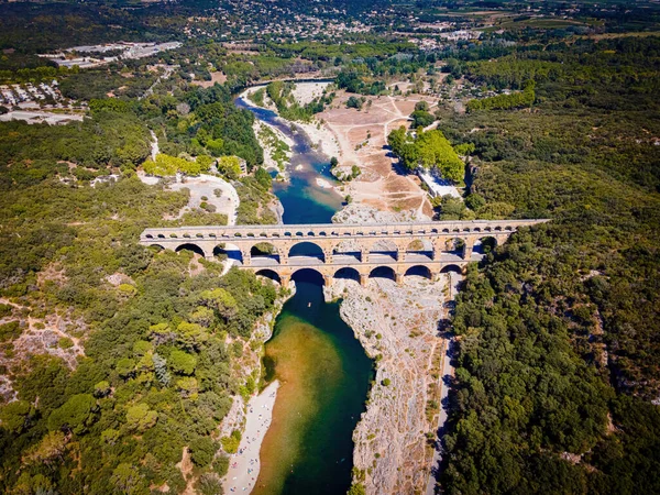 Aerial View Pont Gard Ancient Tri Level Roman Aqueduct Bridge — 스톡 사진