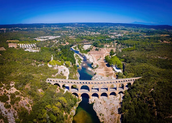 Vista Aérea Pont Gard Uma Antiga Ponte Aqueduta Romana Três — Fotografia de Stock