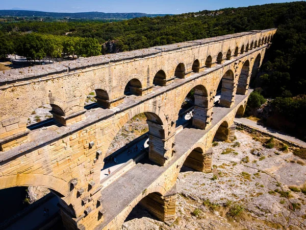 Vista Aérea Pont Gard Uma Antiga Ponte Aqueduta Romana Três — Fotografia de Stock