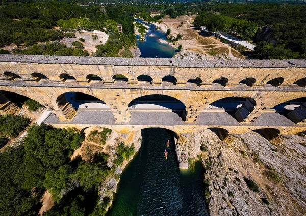 Aerial View Pont Gard Ancient Tri Level Roman Aqueduct Bridge — 스톡 사진