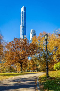 Central Park manzarası, New York 'ta açık mavi gökyüzü altında altın sonbahar ağaçları ve şehir kuleleri ile kaplıdır; seyahat, refah, emlak ve yaşam tarzı markalaşması için mükemmeldir.