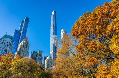 Central Park manzarası, New York 'ta açık mavi gökyüzü altında altın sonbahar ağaçları ve şehir kuleleri ile kaplıdır; seyahat, refah, emlak ve yaşam tarzı markalaşması için mükemmeldir.