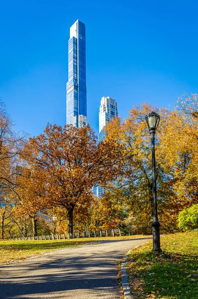Central Park manzarası, New York 'ta açık mavi gökyüzü altında altın sonbahar ağaçları ve şehir kuleleri ile kaplıdır; seyahat, refah, emlak ve yaşam tarzı markalaşması için mükemmeldir.