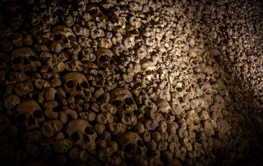 İnsan kafatasları ve kemiklerinin, loş bir yeraltı mezarlığında, korku, tarih, cadılar bayramı kampanyaları ve karanlık turizm reklamları için ideal bir dokuya sahip bir kemik duvarı oluşturması.