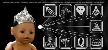 Doll in a foil mask and hildren's drawings icons of Qanon, chemtrails and other conspiracy theories clipart