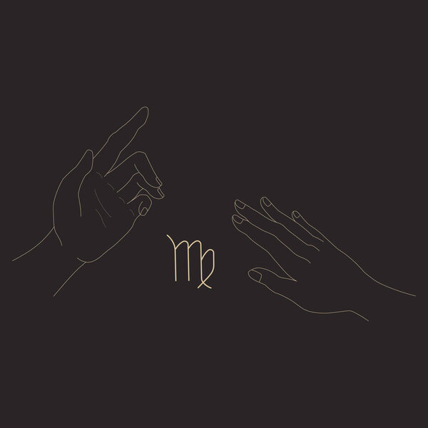 Знак зодиака Девы между волшебными руками в стиле контура. Изолированная векторная иллюстрация. Элемент дизайна для иконки, логотипа, татуировки, клипарта, печати. Винтажная астрологическая концепция