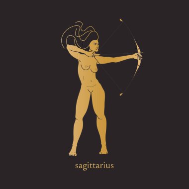 Yay burcu burcu. Astroloji sembolü olarak yayı olan güçlü bir kız. Düz stil ve altın eğimli. Militan çıplak kadın vektör çizimi. Siyah arkaplanda yıldız falı izole edildi