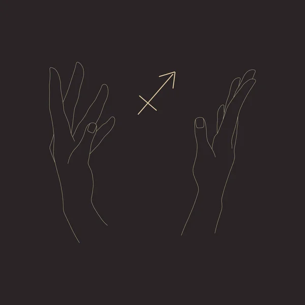 Χέρια Σου Κρατούν Τον Σαγιττάριο Ζόντιακ Χειρονομία Δείχνει Αστρολογικό Σύμβολο — Διανυσματικό Αρχείο